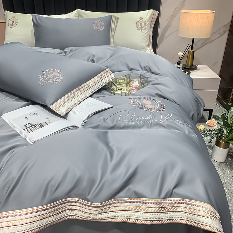 Ihomed Luxury Satin Silky Embroidery Bedding Set Soft Smooth Double Duvet Cover Set Bed Linen Fitted Sheet Pillowcases Home Textiles