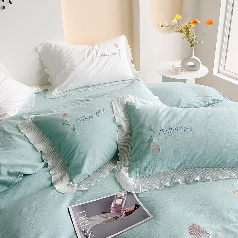 Ihomed Tulip Embroidery Girl Bedding Set 100% Washed Cotton Lace Ruffles Flower Quilt/Duvet Cover Set Bed Linen Fitted Sheet Pillowcase