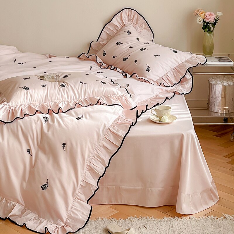 Ihomed Princess Style Embroidered Roses Bedding Set 300TC Cotton Bed Sheet Pillowcase Duvet Cover with Ruffles Queen King Size 4pcs