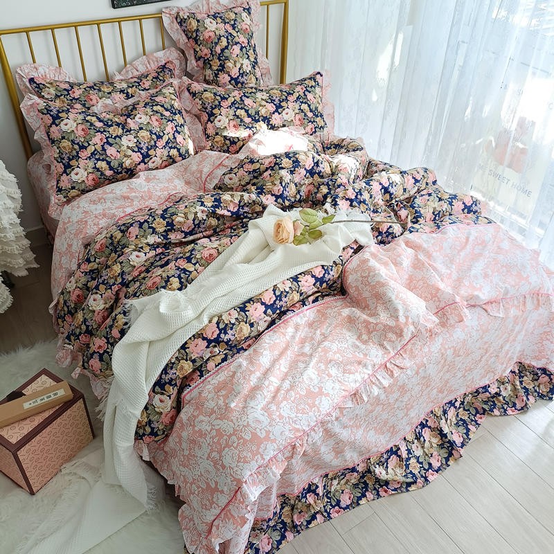 Ihomed 4/6Pcs100%Cotton Bedding Set Vintage Elegant Flowers Duvet cover  with Ruffle soft comfy bed sheet pillowcases Double Queen King