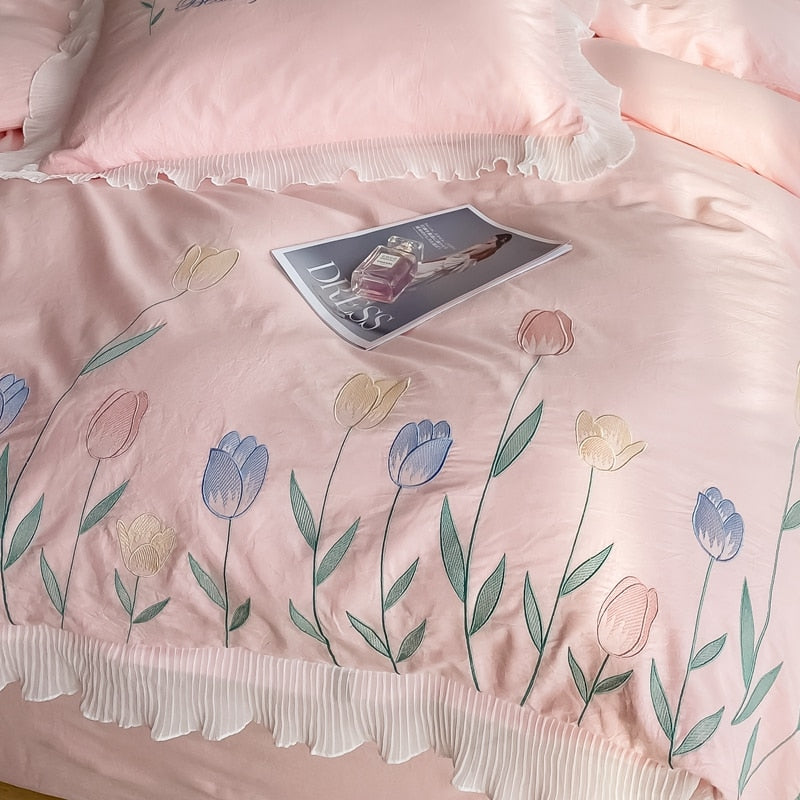 Ihomed Tulip Embroidery Girl Bedding Set 100% Washed Cotton Lace Ruffles Flower Quilt/Duvet Cover Set Bed Linen Fitted Sheet Pillowcase