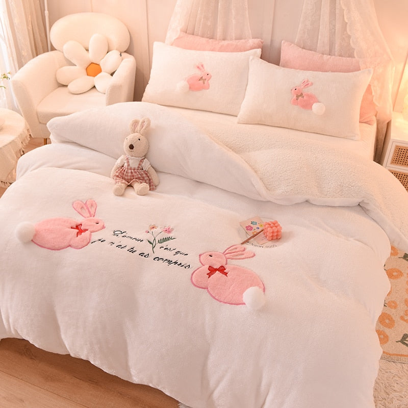 Ihomed Luxury Shaggy Velvet + Berber Fleece Princess Girl Bedding Set Rabbit Embroidery Short Plush Duvet Cover Quilt Cover Bed Linen