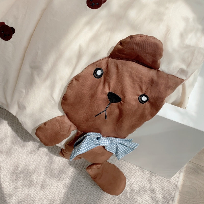 Ihomed Cute Cartoon Brown Bear Embroidery Bedding Set Soft Breathable 400TC Washed Cotton Duvet Cover Quilt Cover Bed Linen Pillowcases