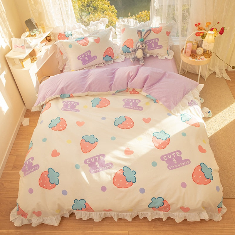 Ihomed Kawaii Strawberry Bedding Set 100% Cotton Twin Full Queen Size Duvet Cover Bed Skirt Fitted Bed Sheet Pillowcases For Girl Kids