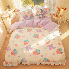 Ihomed Kawaii Strawberry Bedding Set 100% Cotton Twin Full Queen Size Duvet Cover Bed Skirt Fitted Bed Sheet Pillowcases For Girl Kids