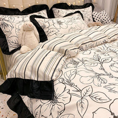 Ihomed 100% Cotton High Quality Black White Flower Modern Four-Piece Set Bedding Sheet Quilt Cover Pillow Cover IG Fashion