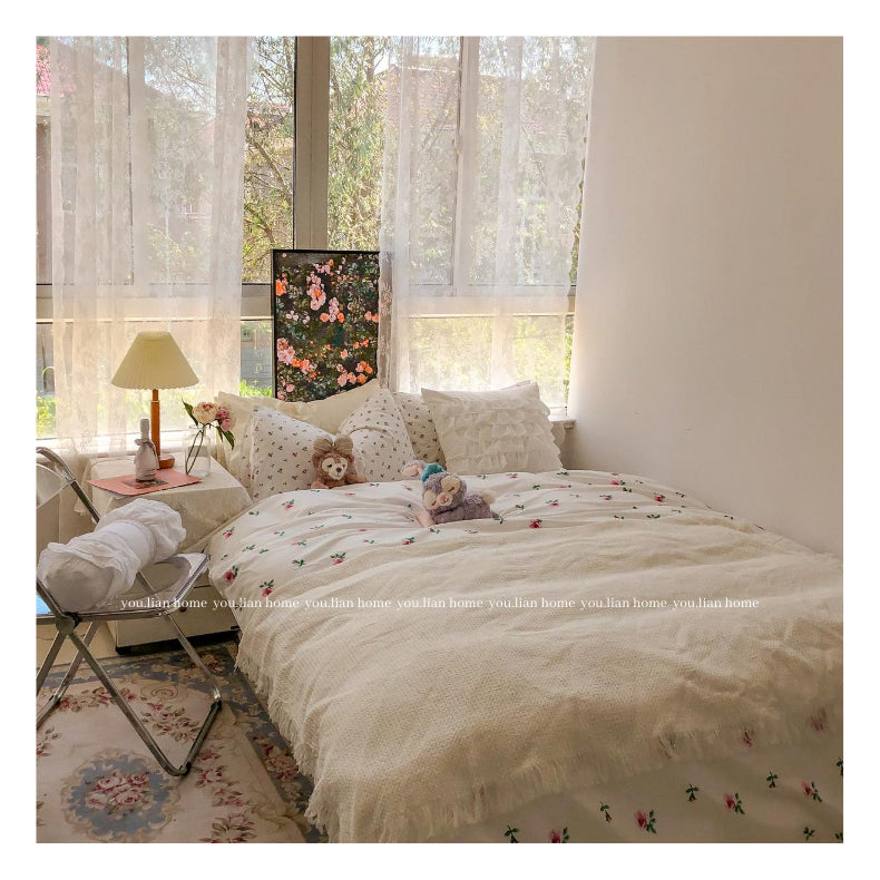 Ihomed Small Rose Four-Piece Set Sweet Girly Small Floral Quilt Cover Cotton Bed Sheet Pure Cotton Bedding