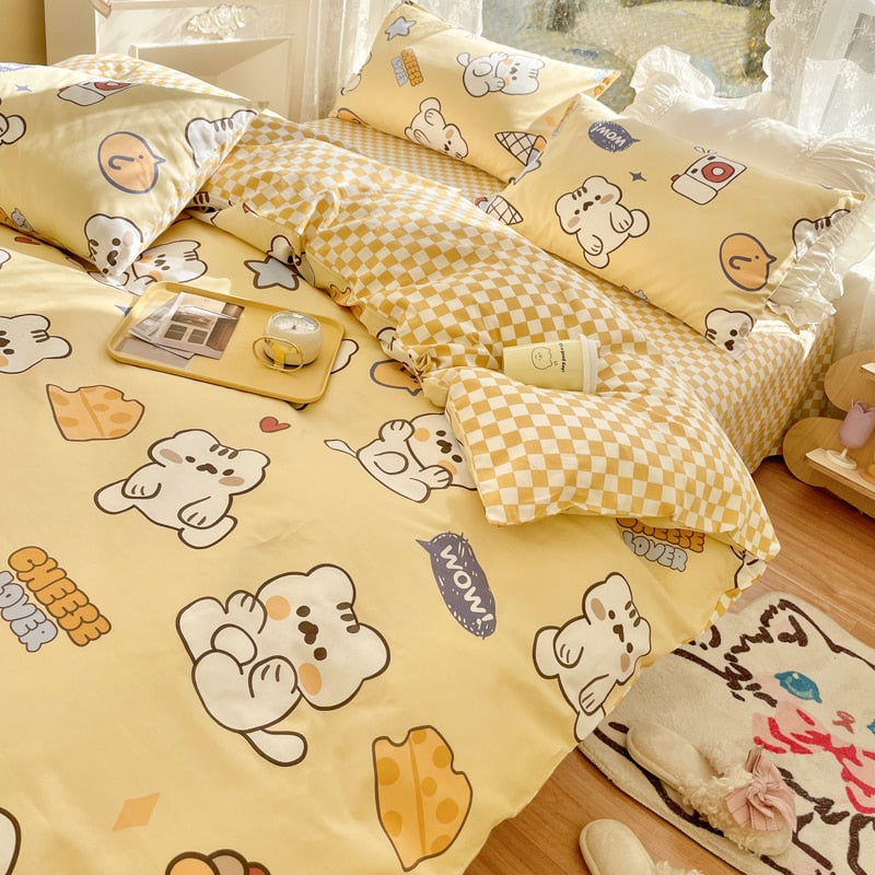 Ihomed Cute Moon Bedding Set For Girl Kawaii Heats Flower Cotton Twin Full Queen Size Bedding Double Fitted Bed Sheet Quilt Duvet Cover