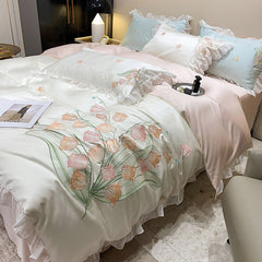 Ihomed Smooth Soft Ice Silk Lace Ruffles Princess Bedding Set Flower Embroidery Quilt Cover Set Bed Linen Pillow Shams Girl  Bedclothes