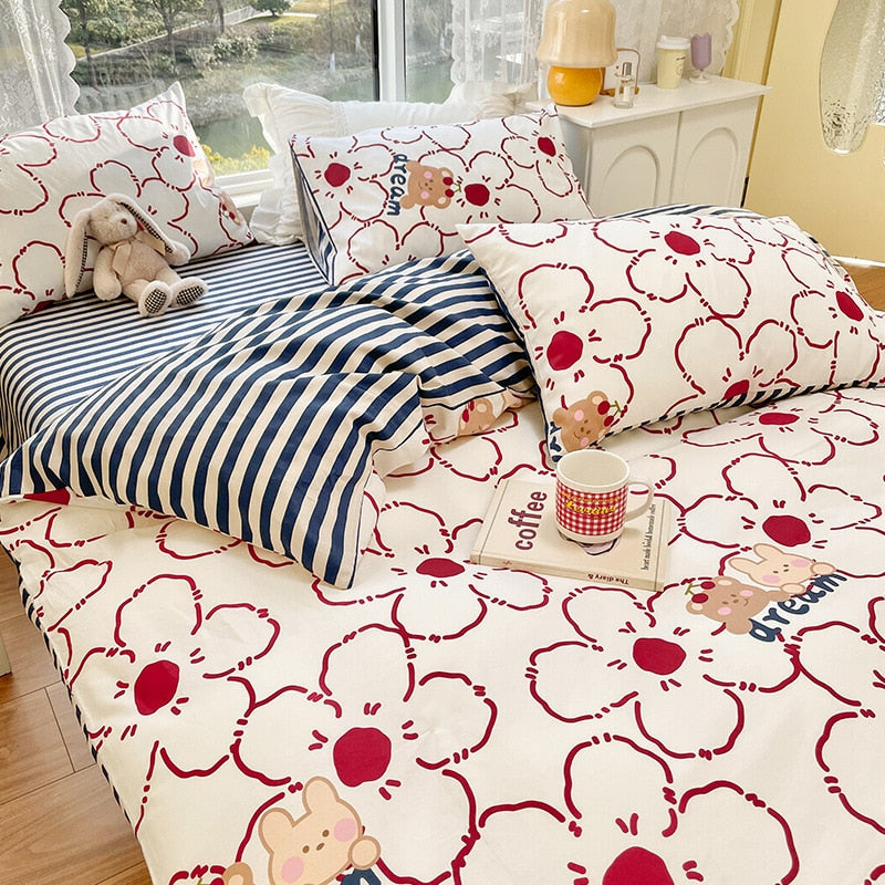 Ihomed AB double-sided florals print 100% cotton Bedding Set queen soft skin friendly duvet cover set with flat sheets quilt cover sets