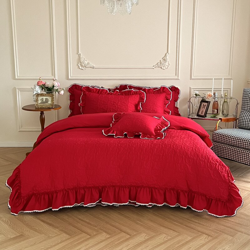 Ihomed Bedding Sets Luxury Girls French Manor Bed Line Cotton Quilted Ruffle Duvet Cover Bed Skirt with Pillowcase Bed Comforter Sets