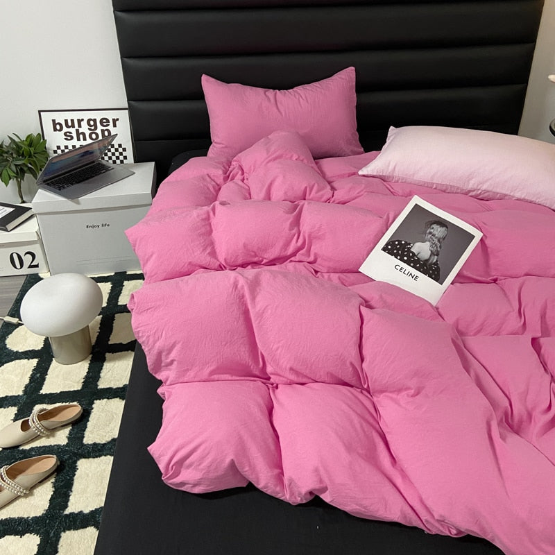 Ihomed Fashion Style Pink,Black 4pcs Bedding Set Luxury Pure Cotton Soft Duvet Cover Comforter Pillowcases Bed Flat Sheet Set for Girl