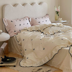 Ihomed Girlish Embroidered Bow Bedding Set 300TC Cotton Queen King Size Lovely Bed Sheet Pillowcase Duvet Cover Set 4pcs with Ruffles