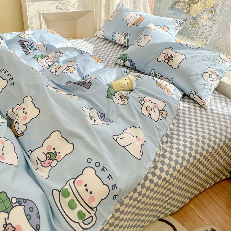 Ihomed Cute Moon Bedding Set For Girl Kawaii Heats Flower Cotton Twin Full Queen Size Bedding Double Fitted Bed Sheet Quilt Duvet Cover