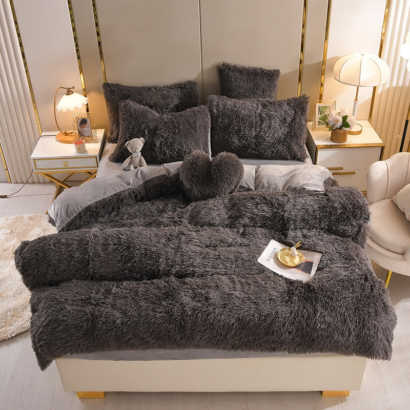 Ihomed Luxury Plush Pure Color Shaggy Warm Fleece Girl Bedding Set Mink Velvet For Home Double Duvet Cover Set Bed Sheet Pillowcase