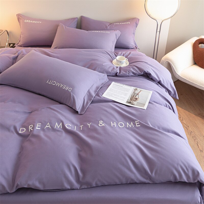 Ihomed Beddings Sets Light Luxury Solid Color Washed Cotton Four-piece Set Pure Cotton Double Embroidery Quilt Cover Cotton Bed Sheet