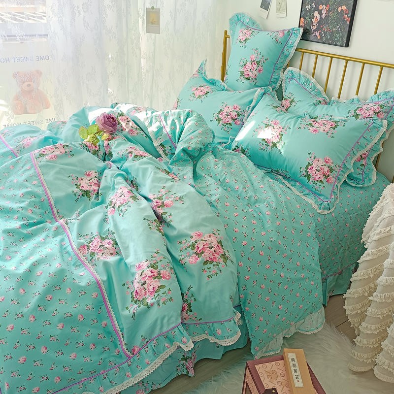 Ihomed 4/6Pcs100%Cotton Bedding Set Vintage Elegant Flowers Duvet cover  with Ruffle soft comfy bed sheet pillowcases Double Queen King