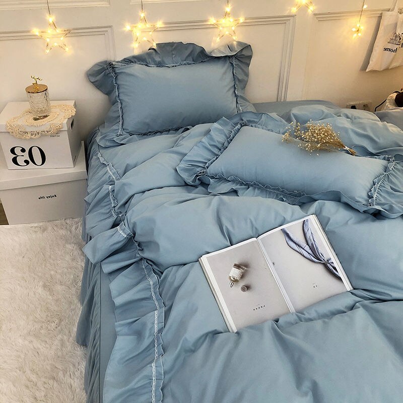 Ihomed Bedding simple princess wind bed skirt four-piece lace solid color duvet cover bed sheet bedroom dormitory