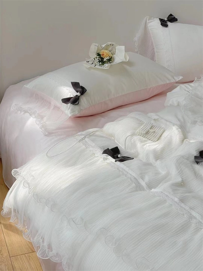 Ihomed 100S Egyptian Cotton Romantico Princess Wedding Bedding Set Double Lace Ruffles Black Bowknot Quilt Cover Bed Linen Pillow Shams