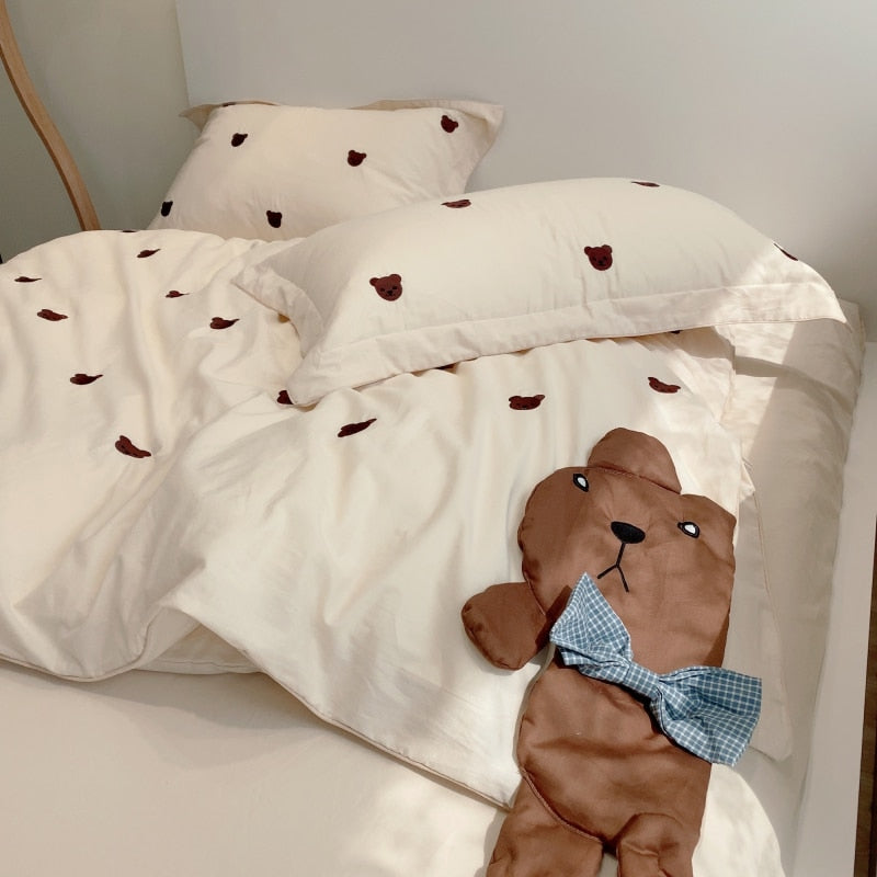 Ihomed Cute Cartoon Brown Bear Embroidery Bedding Set Soft Breathable 400TC Washed Cotton Duvet Cover Quilt Cover Bed Linen Pillowcases