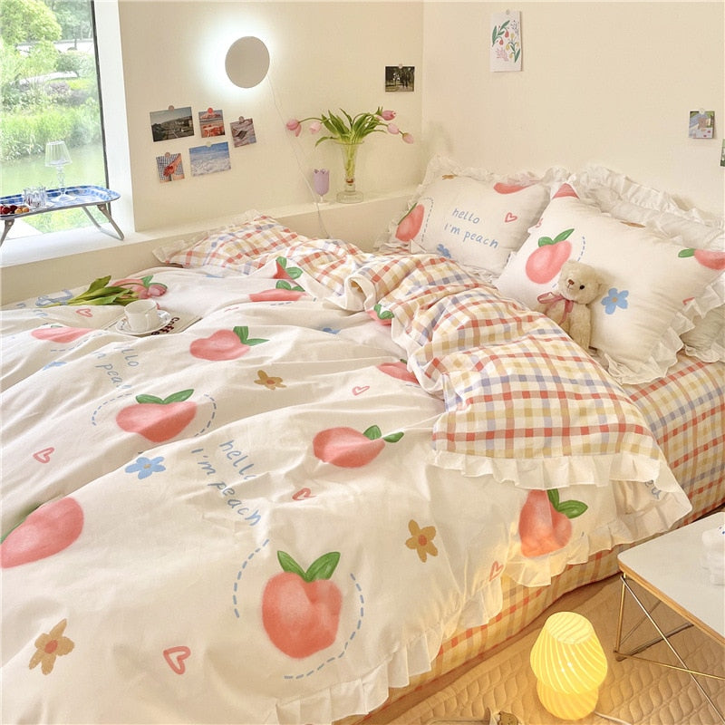 Ihomed Kawaii Peach Bedding Set For Home Cotton Twin Full Queen Size Strawberry Bear Cute Fitted Bed Sheet Pillowcases Duvet Cover