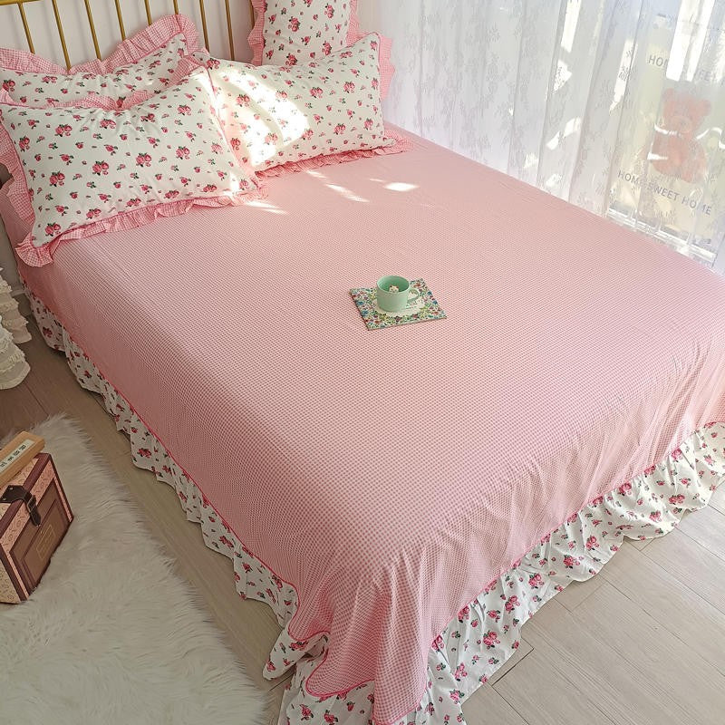 Ihomed 4/6Pcs100%Cotton Bedding Set Vintage Elegant Flowers Duvet cover  with Ruffle soft comfy bed sheet pillowcases Double Queen King