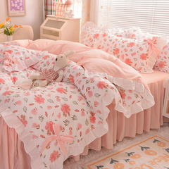 Ihomed Pastoral Style Bedding Set Cotton 3/4pcs Floral Duvet Cover with Pillowcases Cute Flowers Bed Skirtwith Zipper Quilt Cover