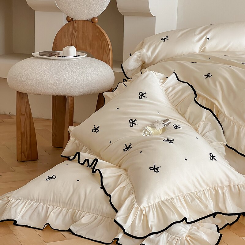 Ihomed Girlish Embroidered Bow Bedding Set 300TC Cotton Queen King Size Lovely Bed Sheet Pillowcase Duvet Cover Set 4pcs with Ruffles