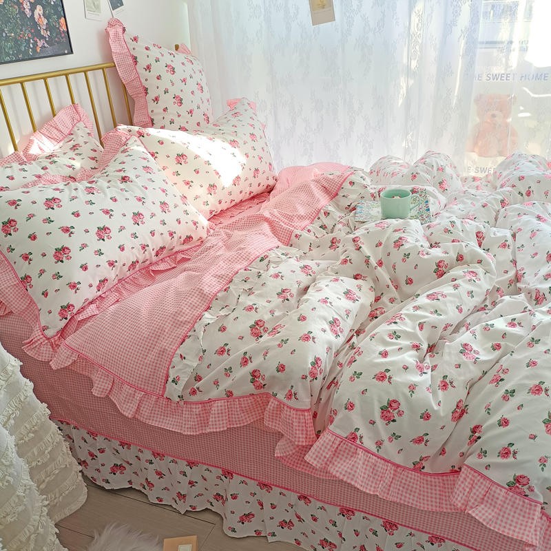 Ihomed 4/6Pcs100%Cotton Bedding Set Vintage Elegant Flowers Duvet cover  with Ruffle soft comfy bed sheet pillowcases Double Queen King