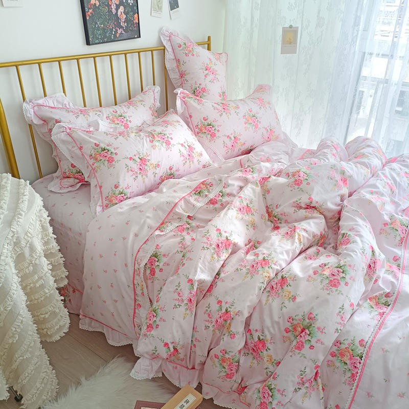 Ihomed 4/6Pcs100%Cotton Bedding Set Vintage Elegant Flowers Duvet cover  with Ruffle soft comfy bed sheet pillowcases Double Queen King