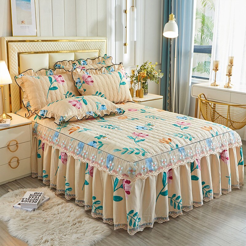 Ihomed Luxury Comfortable Simple Cute 100% Cotton Quilted Bed Skirt Pillowcase 3PC Single Double Bed Machine Washable Household Bedding