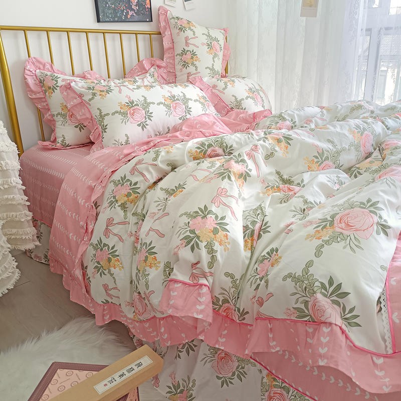 Ihomed 4/6Pcs100%Cotton Bedding Set Vintage Elegant Flowers Duvet cover  with Ruffle soft comfy bed sheet pillowcases Double Queen King