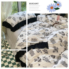 Ihomed Luxury Black and White Ruffled Bedding Set Fashion Bedspreads Home Textiles Duvet Cover Sheet Pillowcase for Teens Girls 3/4pcs