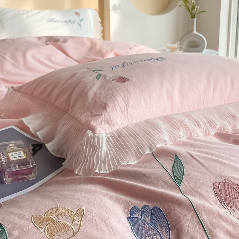 Ihomed Tulip Embroidery Girl Bedding Set 100% Washed Cotton Lace Ruffles Flower Quilt/Duvet Cover Set Bed Linen Fitted Sheet Pillowcase