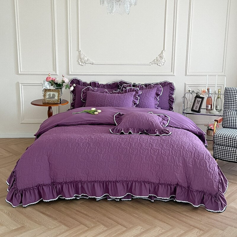 Ihomed Bedding Sets Luxury Girls French Manor Bed Line Cotton Quilted Ruffle Duvet Cover Bed Skirt with Pillowcase Bed Comforter Sets