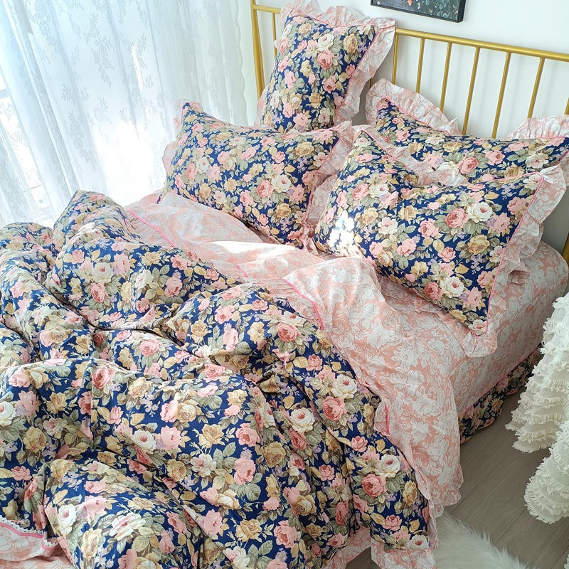 Ihomed 4/6Pcs100%Cotton Bedding Set Vintage Elegant Flowers Duvet cover  with Ruffle soft comfy bed sheet pillowcases Double Queen King