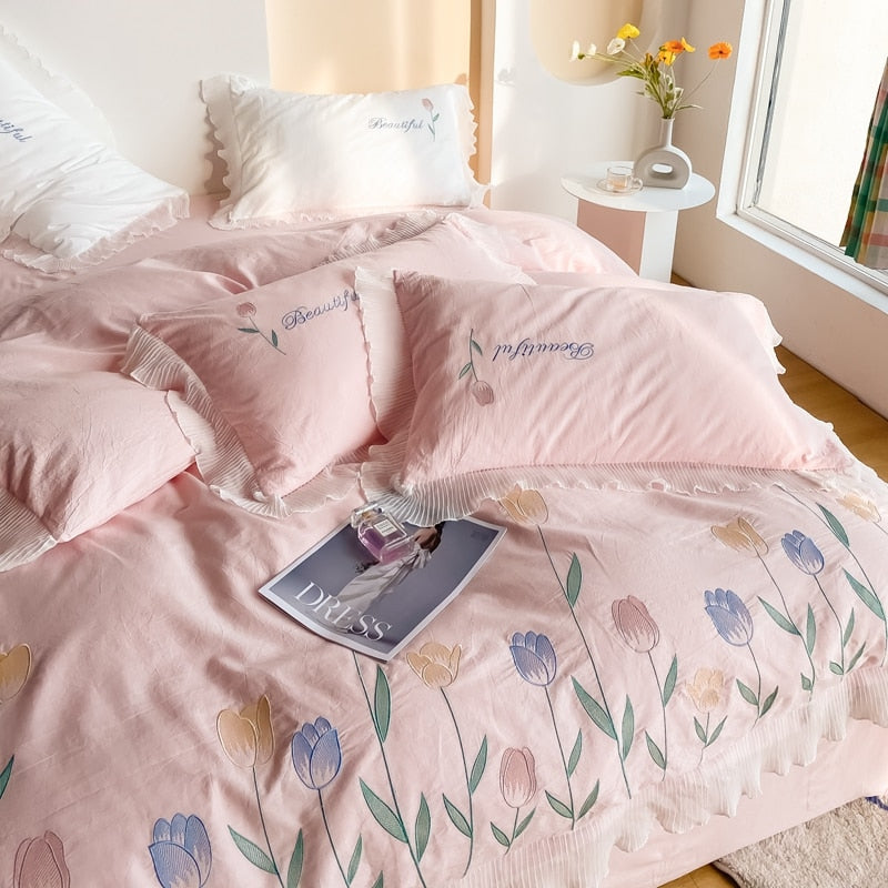 Ihomed Tulip Embroidery Girl Bedding Set 100% Washed Cotton Lace Ruffles Flower Quilt/Duvet Cover Set Bed Linen Fitted Sheet Pillowcase