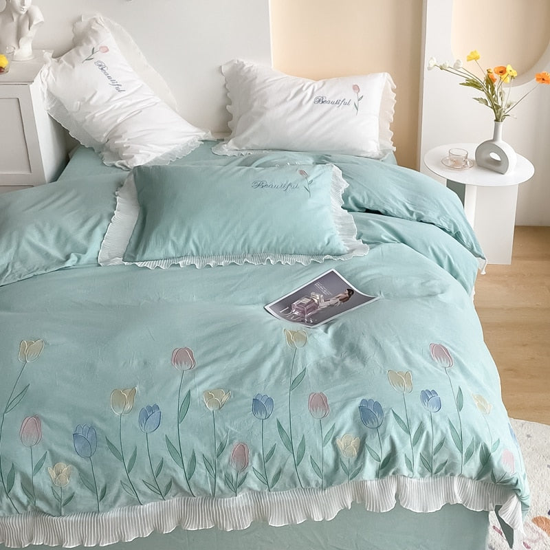 Ihomed Tulip Embroidery Girl Bedding Set 100% Washed Cotton Lace Ruffles Flower Quilt/Duvet Cover Set Bed Linen Fitted Sheet Pillowcase