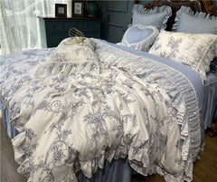 Ihomed French Vintage Rural Floral Princess Bed Skirt Bedding Set Romantic White Lace Edge 400TC Cotton Quilt/Duvet Cover Set Pillowcas