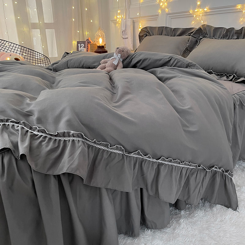 Ihomed Bedding simple princess wind bed skirt four-piece lace solid color duvet cover bed sheet bedroom dormitory