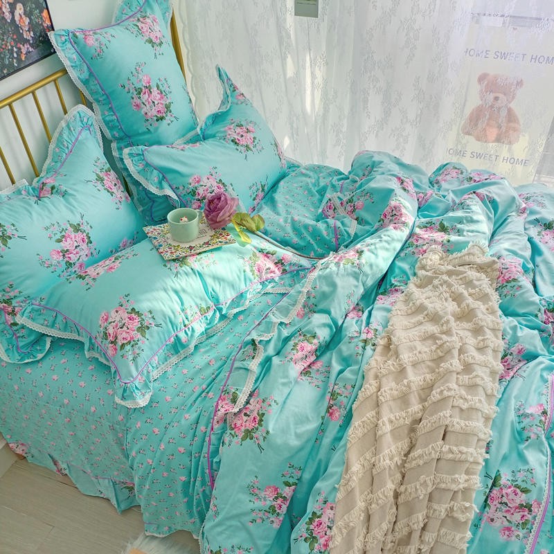 Ihomed 4/6Pcs100%Cotton Bedding Set Vintage Elegant Flowers Duvet cover  with Ruffle soft comfy bed sheet pillowcases Double Queen King