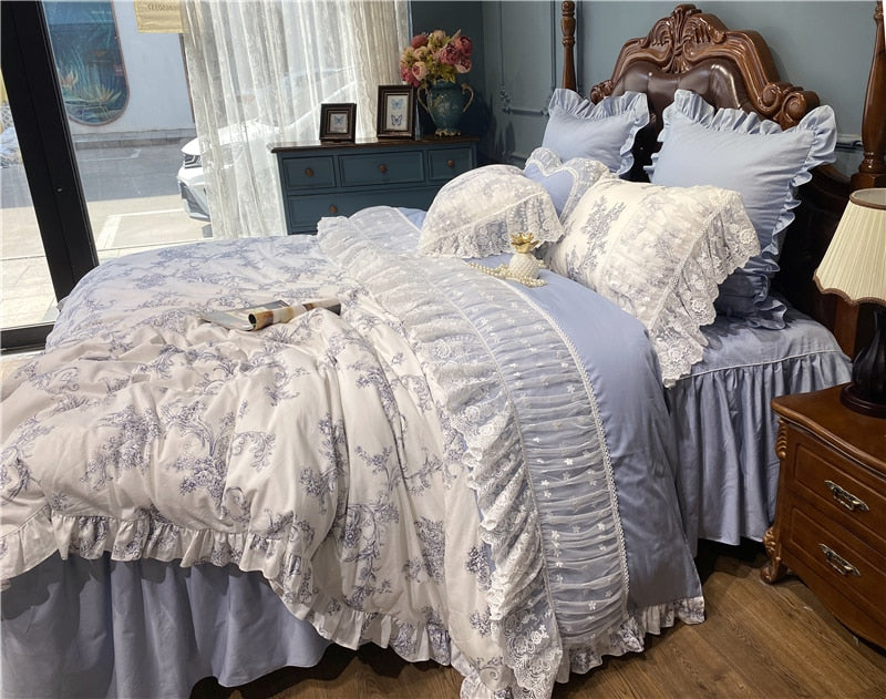 Ihomed French Vintage Rural Floral Princess Bed Skirt Bedding Set Romantic White Lace Edge 400TC Cotton Quilt/Duvet Cover Set Pillowcas