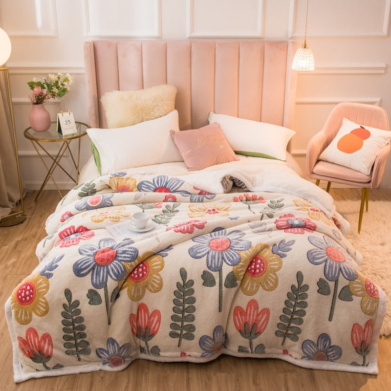 Ihomed 220x230cm 220x240cm Thicken Warm Winter Duvet Cover Lovely Flower Animal Printed Fleece Quilt Cover 1pc Bedding Comforter Case