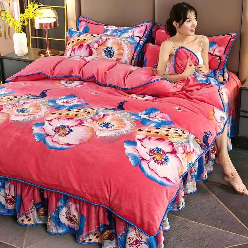 Ihomed 4pcs Set Winter Warm Thicken Short Plush Bedding Set Printing Flannel Duvet Cover Flat Sheet Pillowcase King Queen Bedding Set