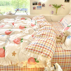 Ihomed Kawaii Peach Bedding Set For Home Cotton Twin Full Queen Size Strawberry Bear Cute Fitted Bed Sheet Pillowcases Duvet Cover