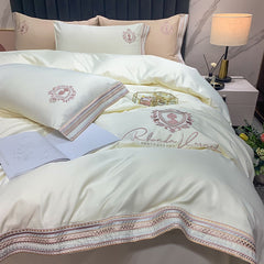 Ihomed Luxury Satin Silky Embroidery Bedding Set Soft Smooth Double Duvet Cover Set Bed Linen Fitted Sheet Pillowcases Home Textiles