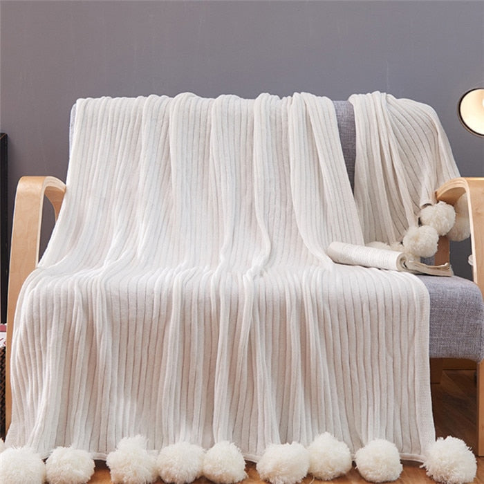 Ihomed Soft Solid Color With Ball Blanket For Beds Sofa100% Cotton Bedding Warm and Lovely Nap Bedspread